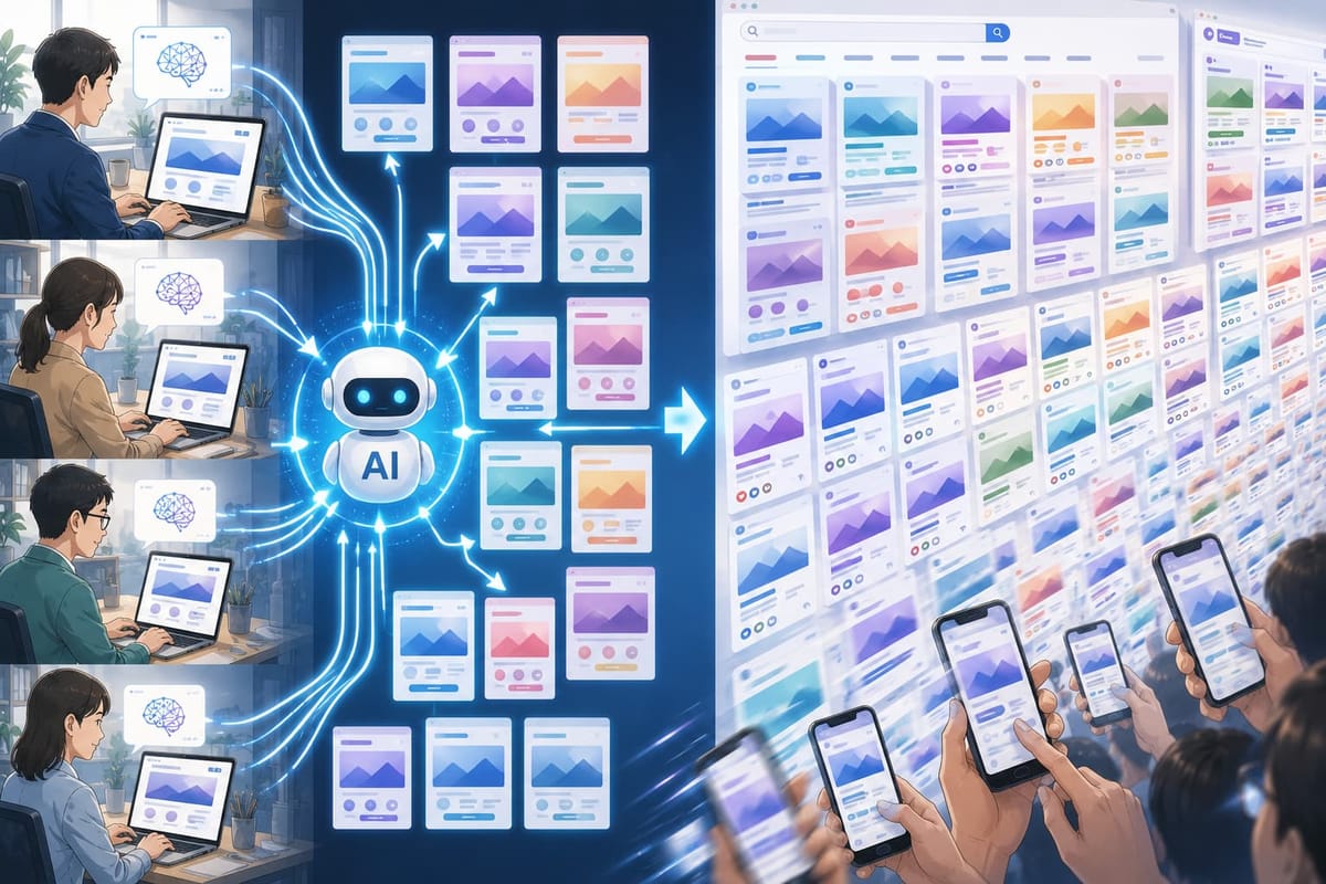 多くの人がAIでLPを作り、似たようなLPが大量に生まれて画面を埋め尽くし、スマホで次々に流し見される様子を描いたイラスト